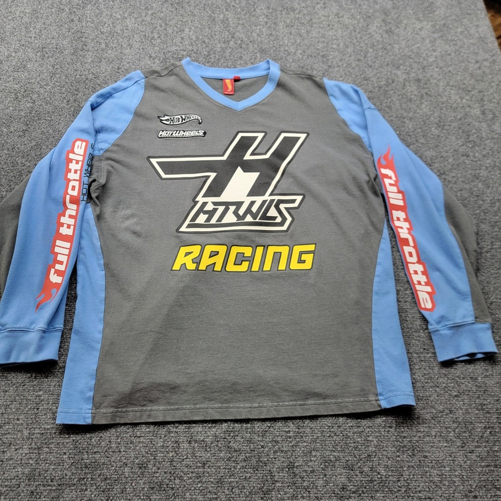 Hot Wheels Full Throttle Racing Long Sleeve Shirt Grey Blue Graphic Mens Small
